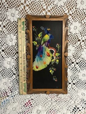 Rare Hand-Painted Feathered Peacock Wall Plaque Mexican Folk Art